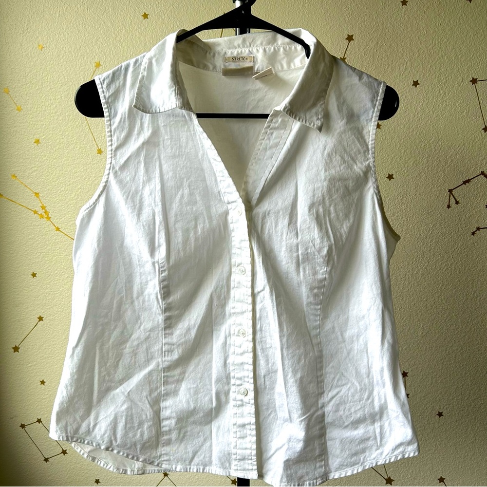 Vintage St. John’s Bay Petite Large White Sleeve-less Collared Blouse Top